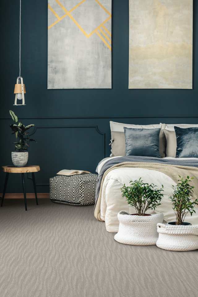 grey textured carpet in bedroom with blue accent wall and artwork